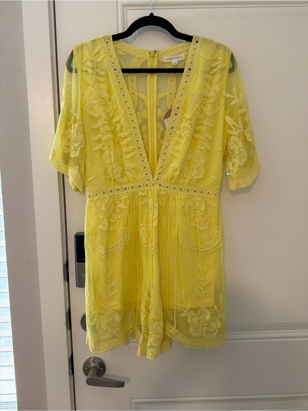 Honey Punch Yellow Lace Embroidered V-Neck Romper